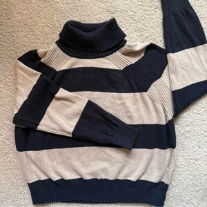 Esprit Navy Blue and Cream Striped Turtleneck Sweater